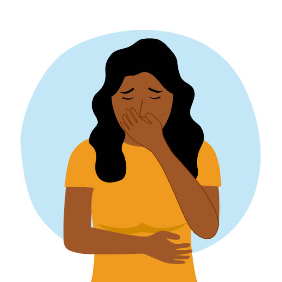 African woman suffering from vomit and closing mouth in flat design. Nausea vomiting symptom.