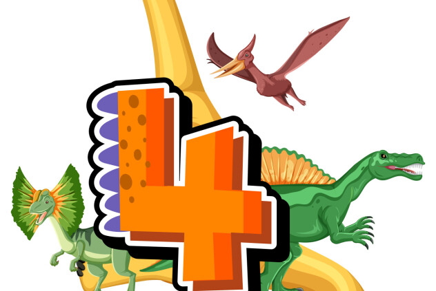 Four dinosaurs with number four cartoon illustration